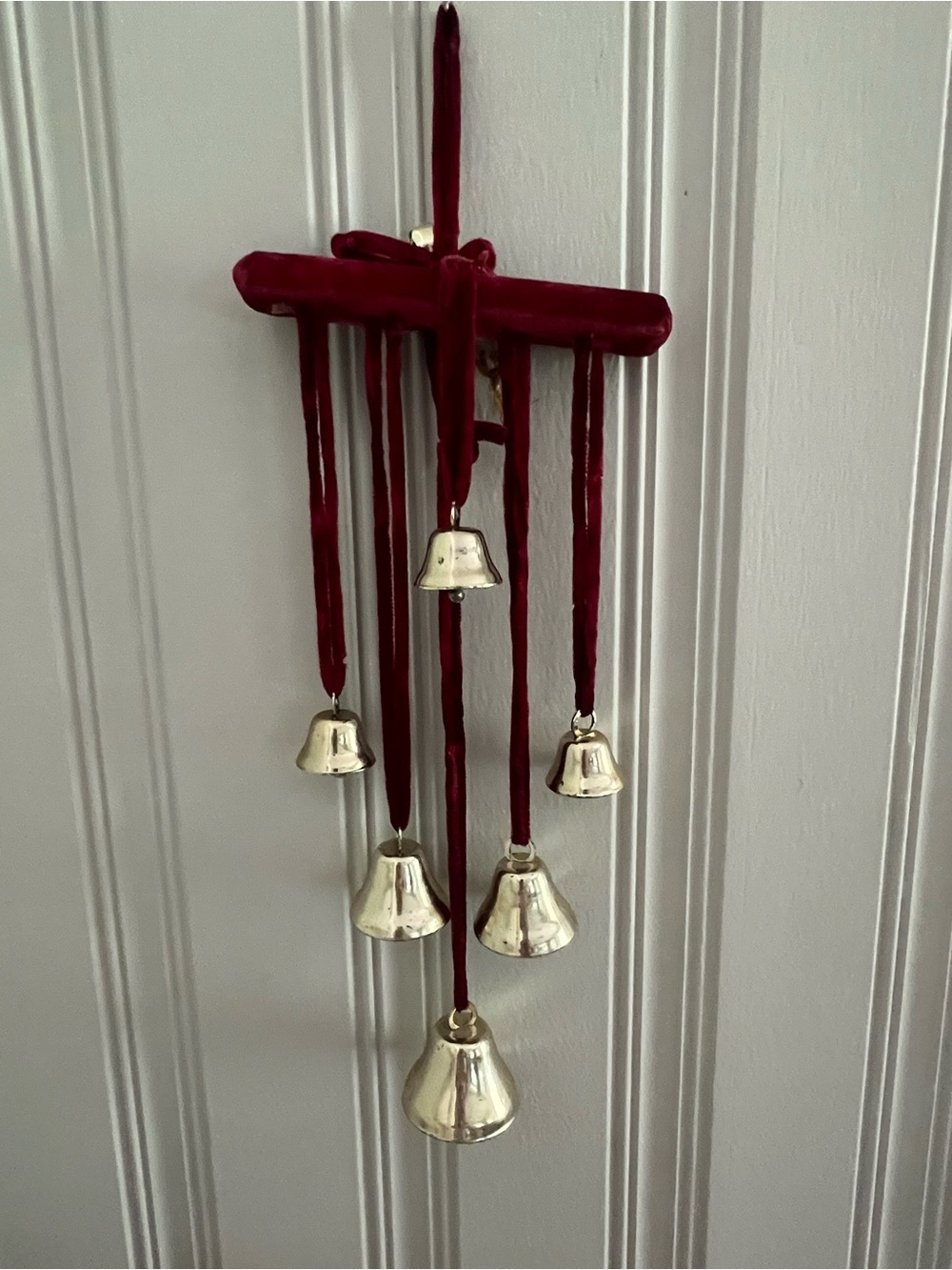 Brass bells red velvet ribbon door hanger vintage
